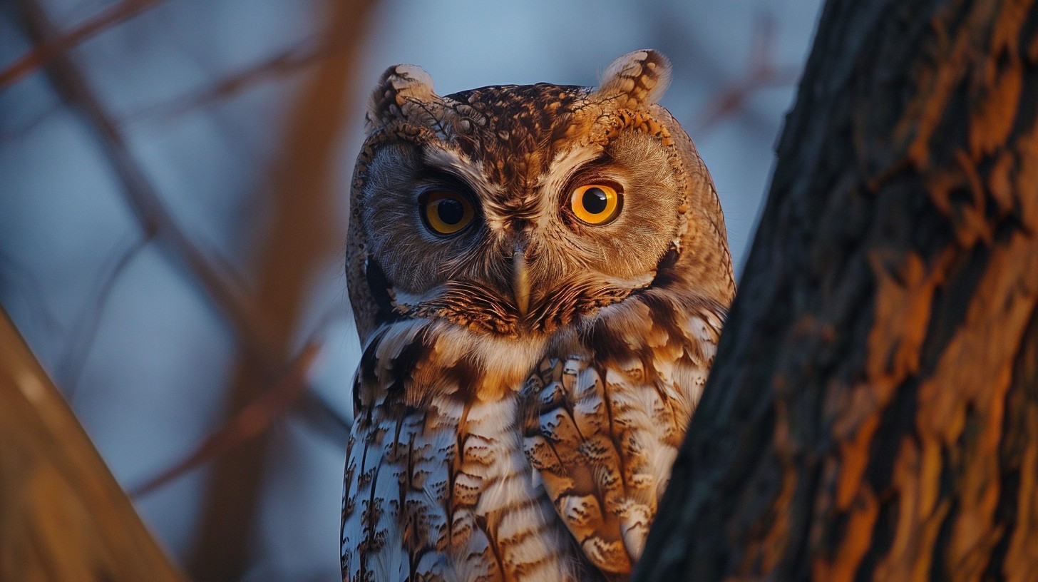 A close-up portrait of a majestic owl perched on a branch at dusk.